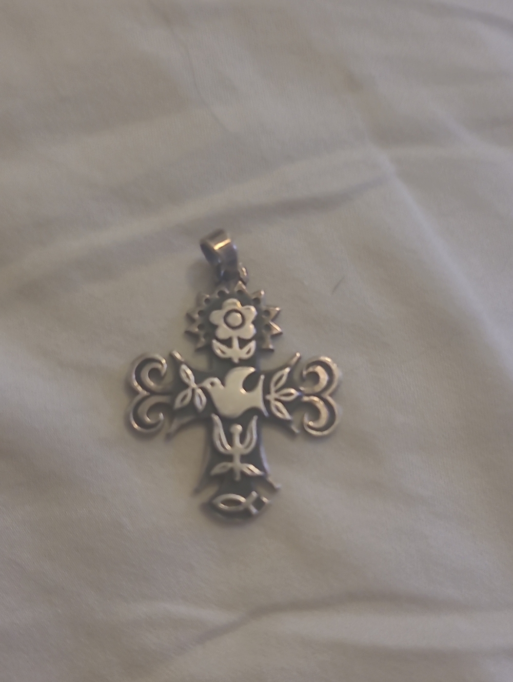 Retired James Avery Silver Dove Floral Cross Pendant